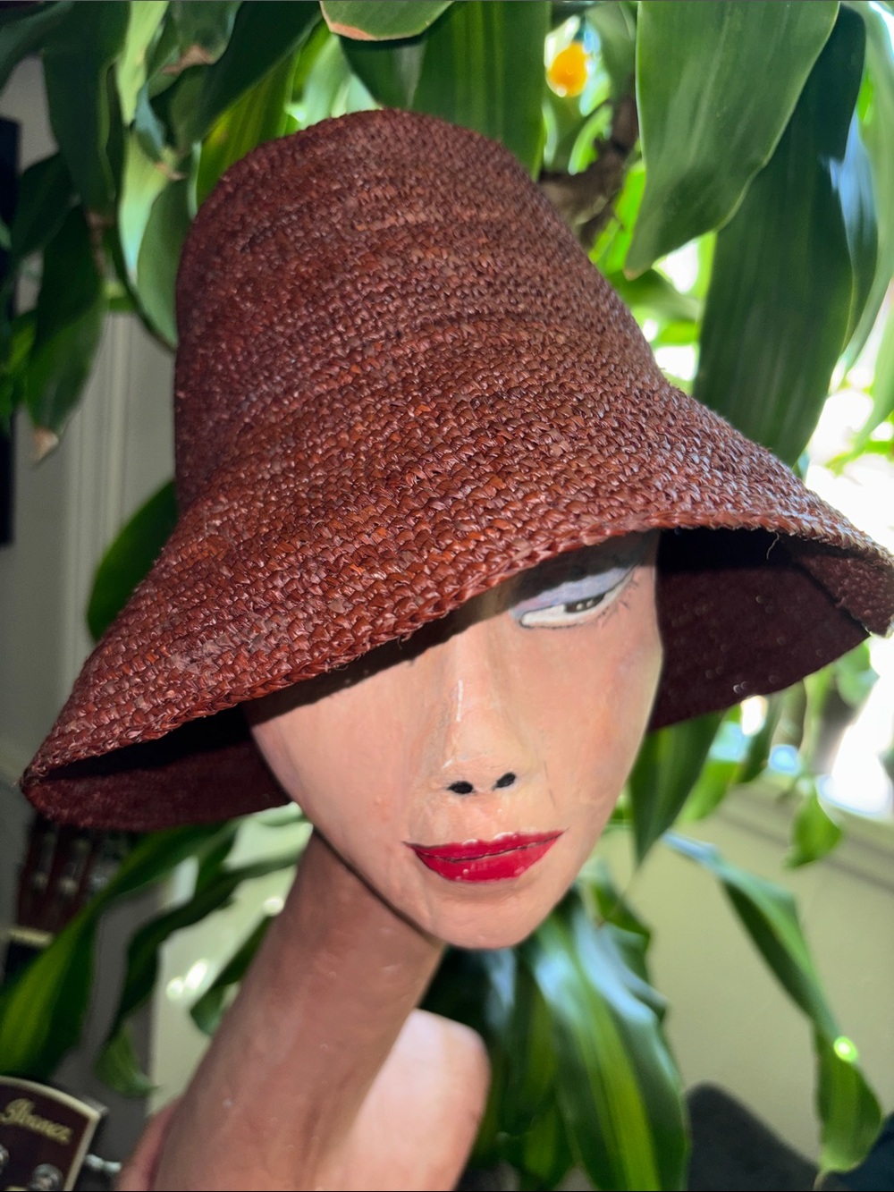 Janessa Leone Sz S Wide-Brim 100% Straw Woven Hat in Deep Red Brown